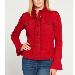 22 DECEMBER jacket red ruffle neckline button up trumpet sleeve pockets SZ M